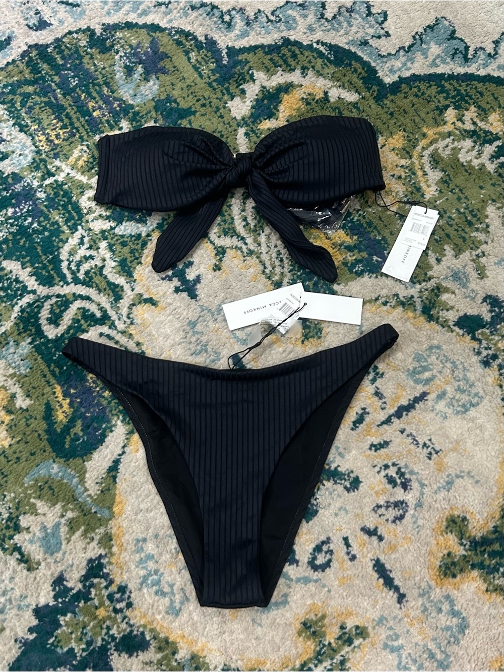 NEW $178 REBECCA MINKOFF BLACK BIKINI SIZE LARGE BANDEAU HALTER CHEEKY HIGH CUT